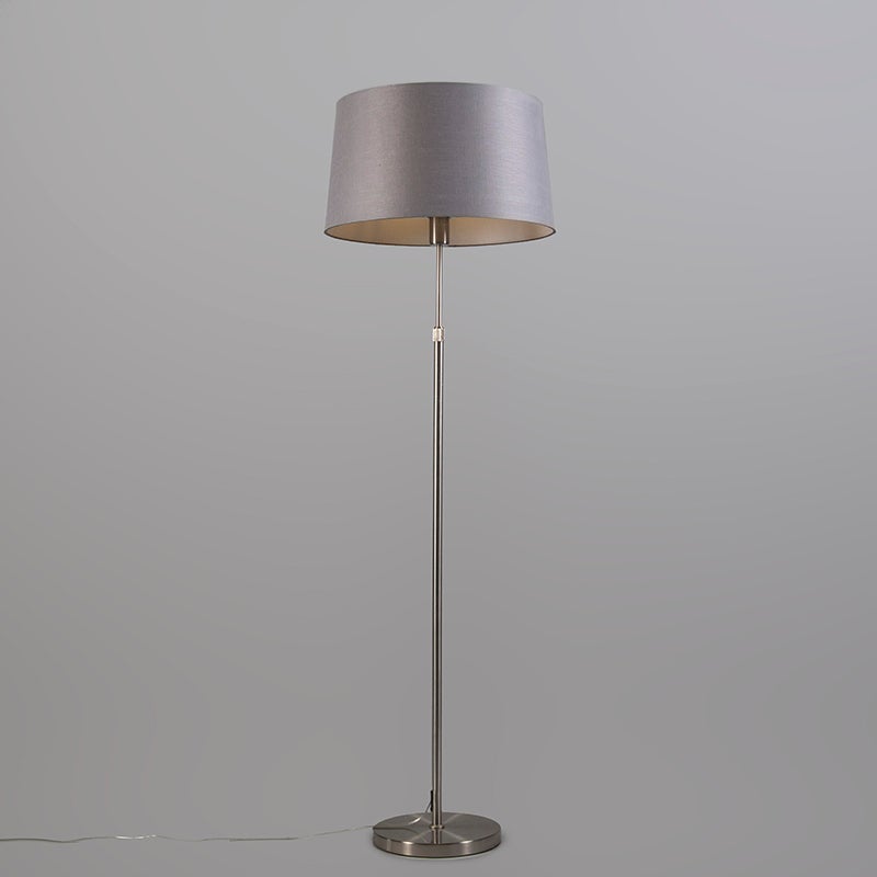 QAZQA - Moderne vloerlamp | Staande lamp | Vloerlamp | Lamp | Licht staal | Zilver | Mat nikkel met grijze lampenkap 45 cm verstelbaar - Parte | Woonkamer | Slaapkamer - Rond staal | Langwerpig