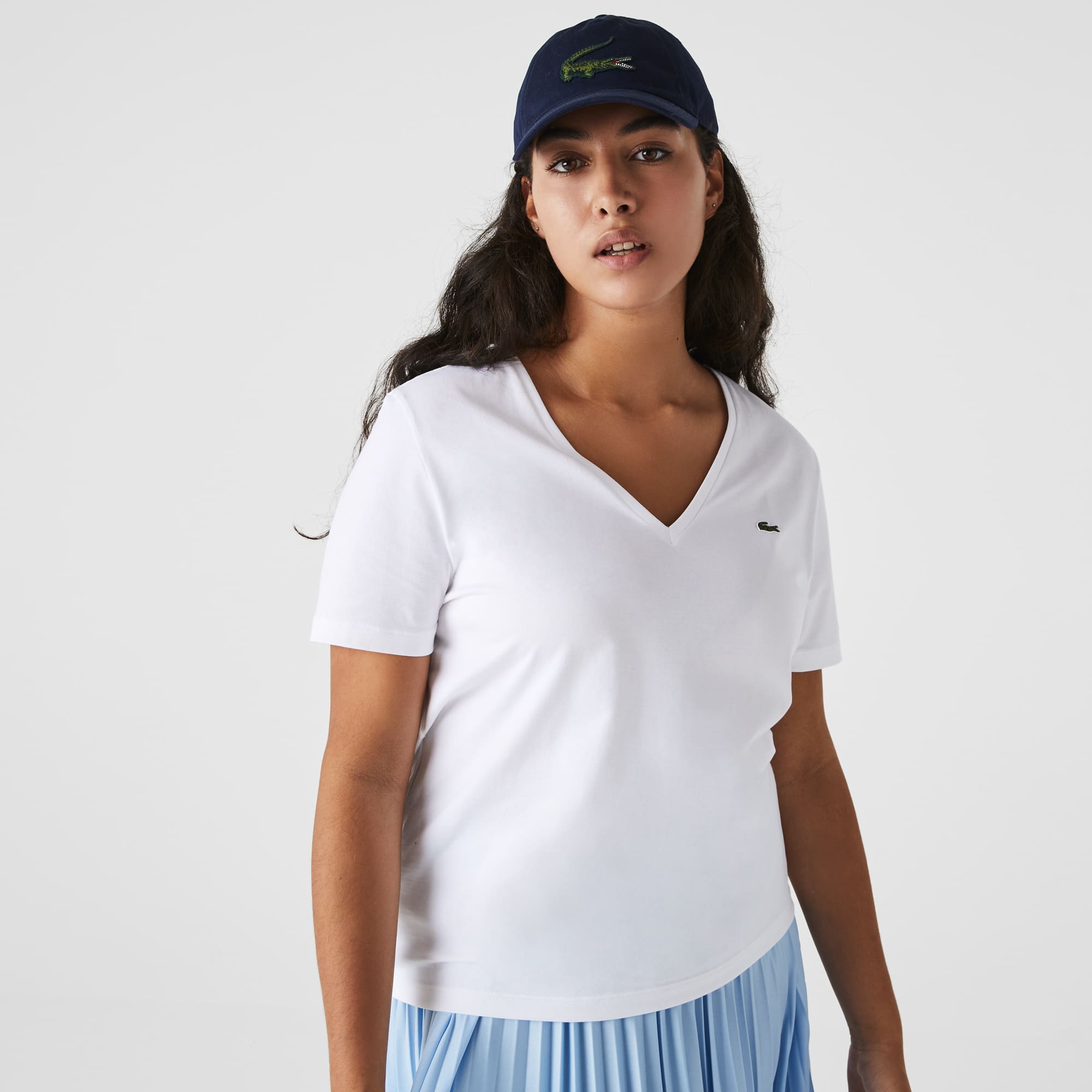 T-shirt à col V loose fit en coton uni T-Shirts - Blanc - Lacoste - Femme