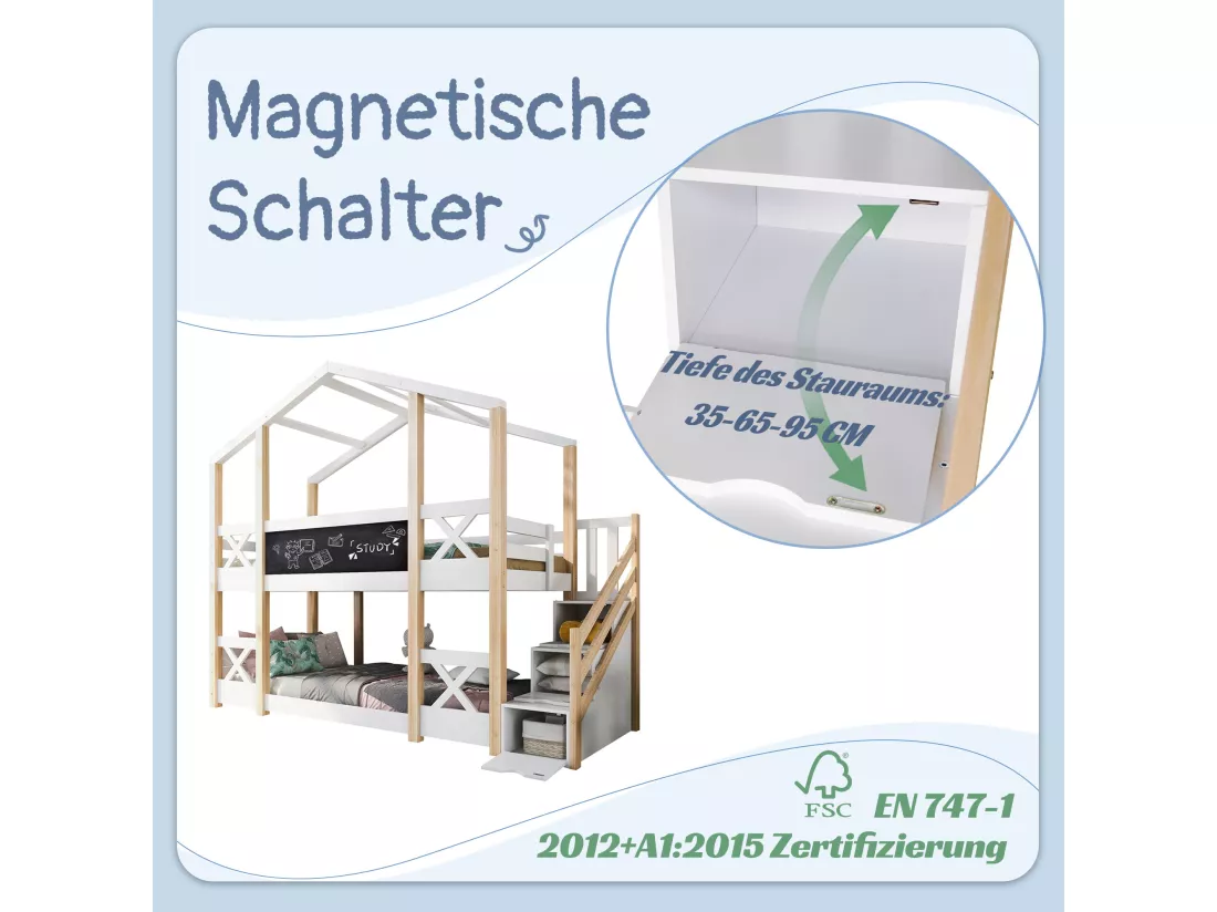 Lits superposés 2 x 90 x 200 cm pour enfant - lit cabane - tiroirs + escalier - blanc + naturel