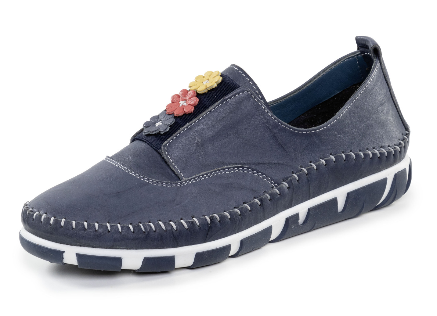 Gemini Slipper mit dezenter Knitter-Struktur und bunten Leder-Blüten