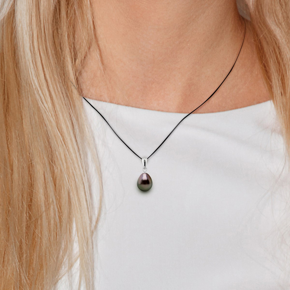 Collier Perle de Tahiti Poire 8-9 mm LIEN NOIR Argent 925
