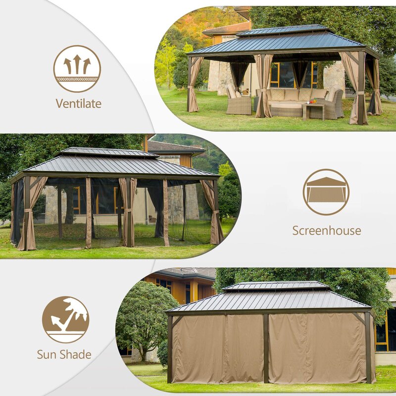 Gazebo Calaro em aço galvanizado para pátio, com 5,94 m de largura x 3,35 m de profundidade.