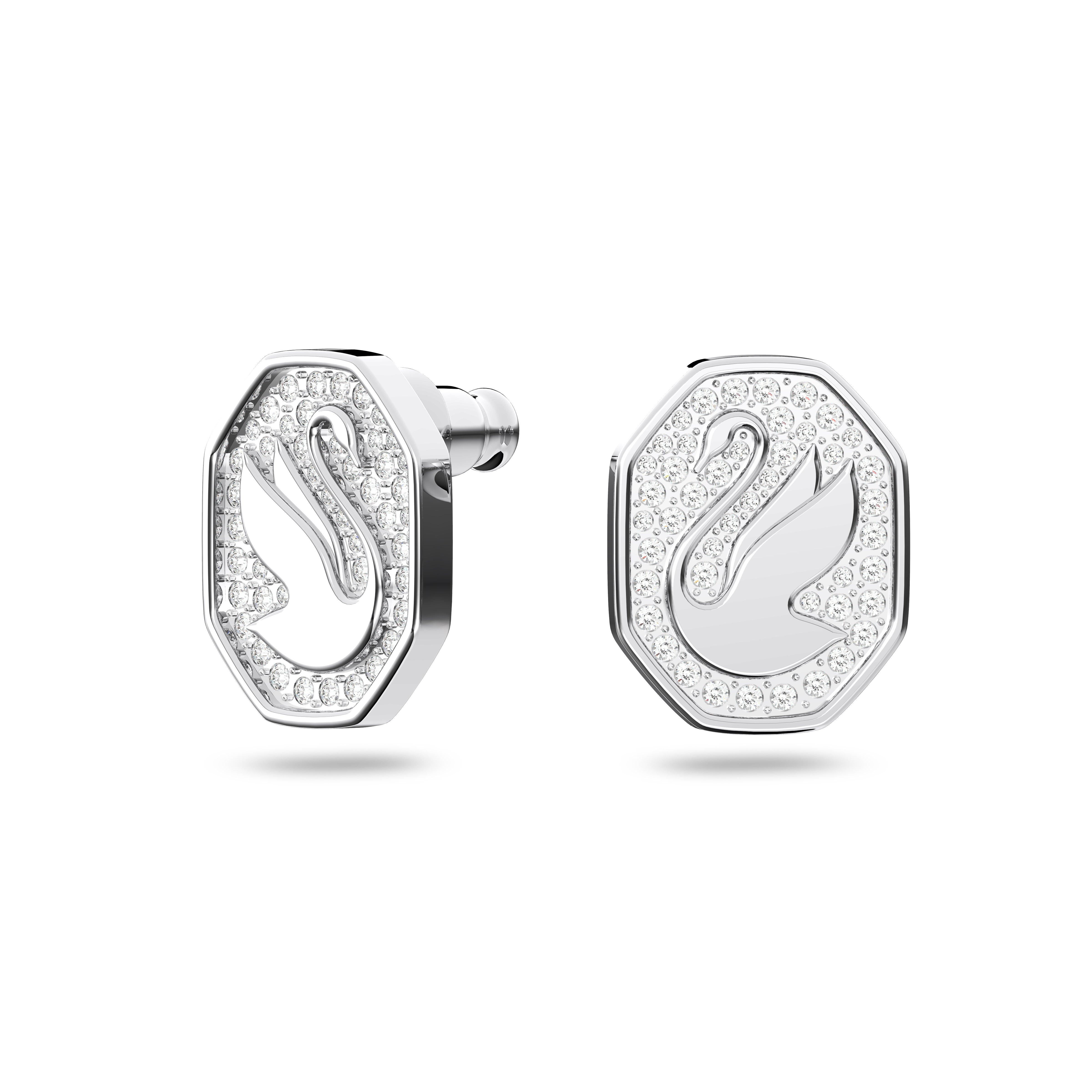 Swarovski Swan stud earrings, Swan, White, Rhodium plated