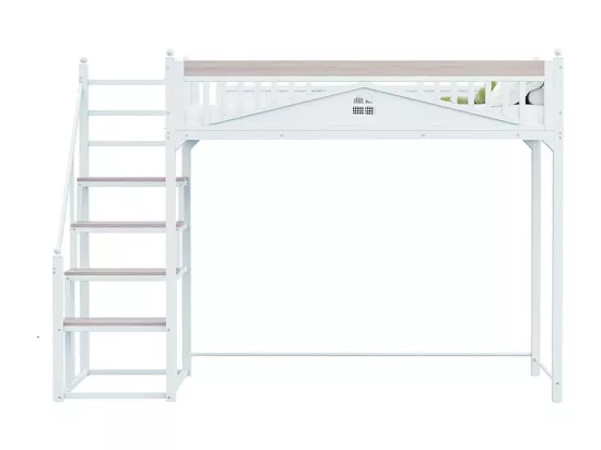 Lit mezzanine en métal 90x200 blanc avec barrière de sécurité design fenêtre échelle de rangement interchangeable gauche droite lit simple compact gain de place
