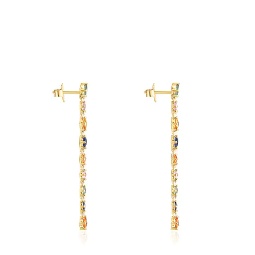 Brincos longos e deslumbrantes com banho de ouro 18k sobre prata e safiras multicoloridas.