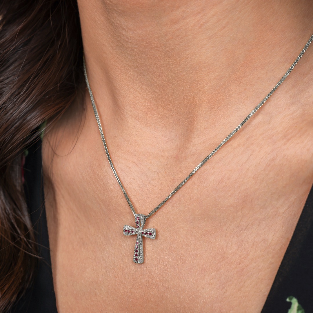 Kreuzanhänger 750/18 K Weissgold mit Rubinen & Diamanten 0.08 ct H/si