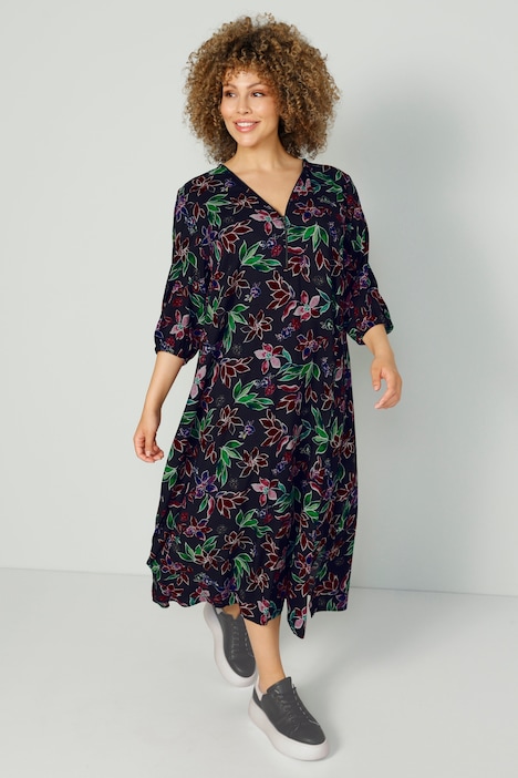 Midikleid, Alloverdruck, V-Ausschnitt, Zipper, 3/4-Ärmel