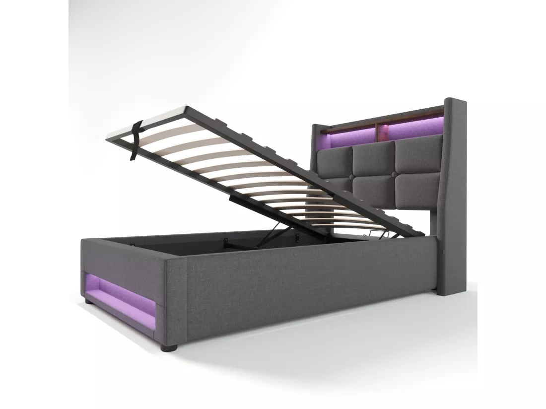 Lit coffre en lin 90x200cm avec LED et ports USB - sommier à lattes - gris