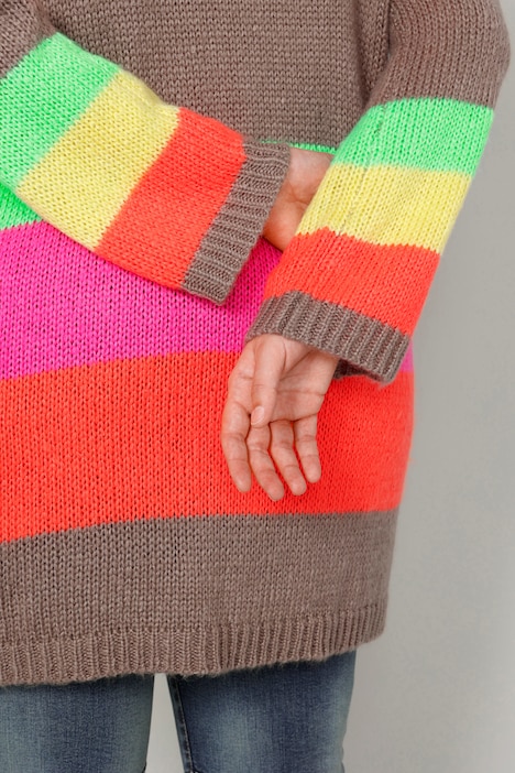 Long-Pullover, oversized, Blockstreifen, Glitzer-Schriftzug, V-Ausschnitt