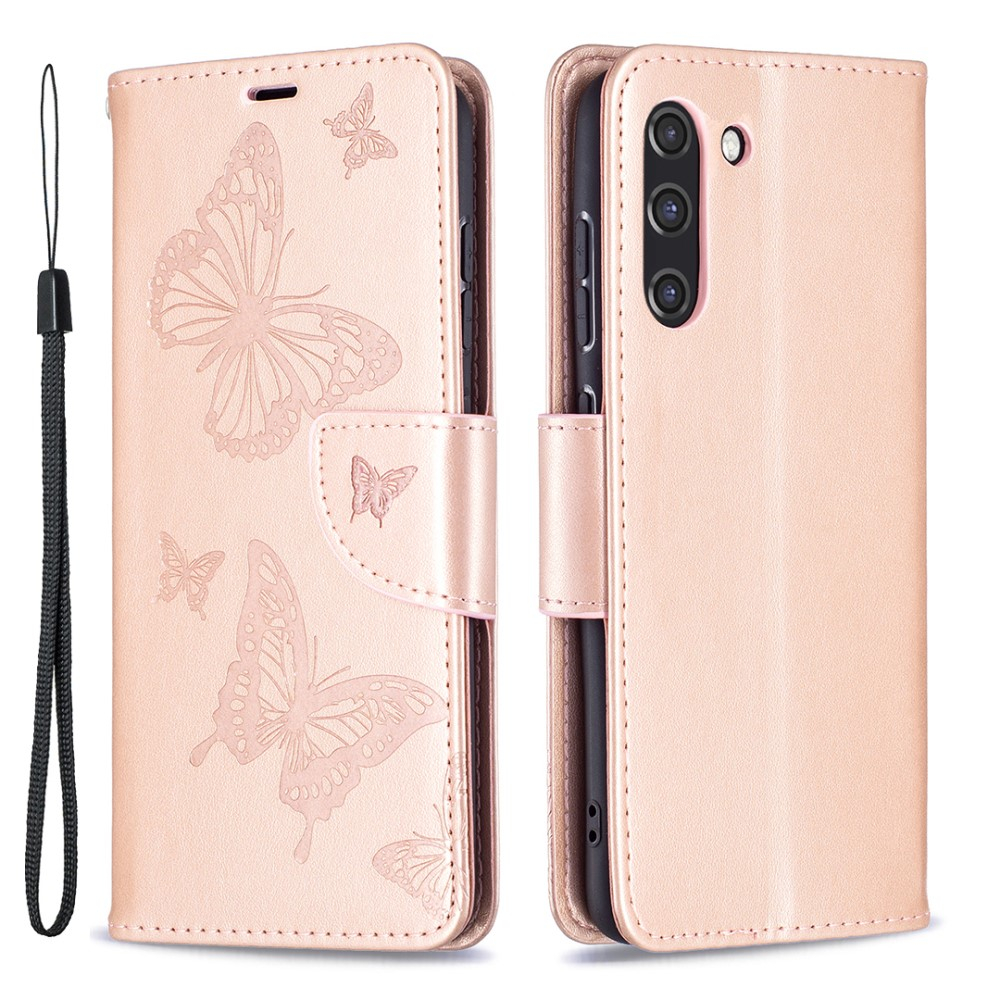Samsung Galaxy S21 FE 5G Leder Tasche mit Kartenfach   Handschlaufe Schmetterling - Roségold