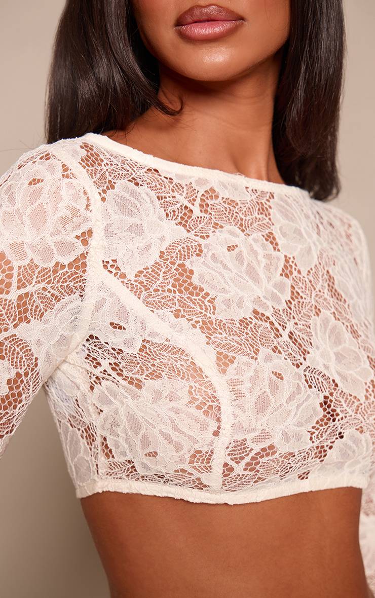 Crème Haut Court En Dentelle Florale Transparente Avec Dos Ouvert À Nouer Coordonné Petite