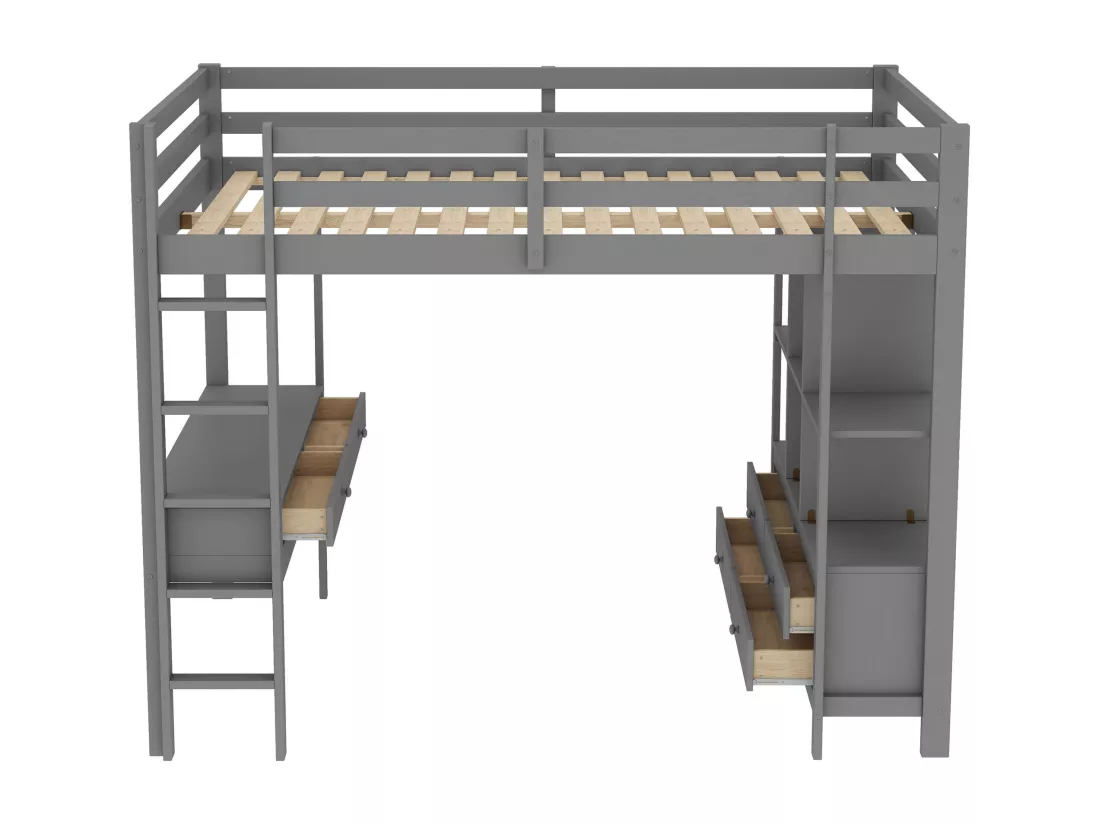 Lit mezzanine 140x200cm en pin massif avec bureau + tiroirs + étagères + sommier à lattes - Gris
