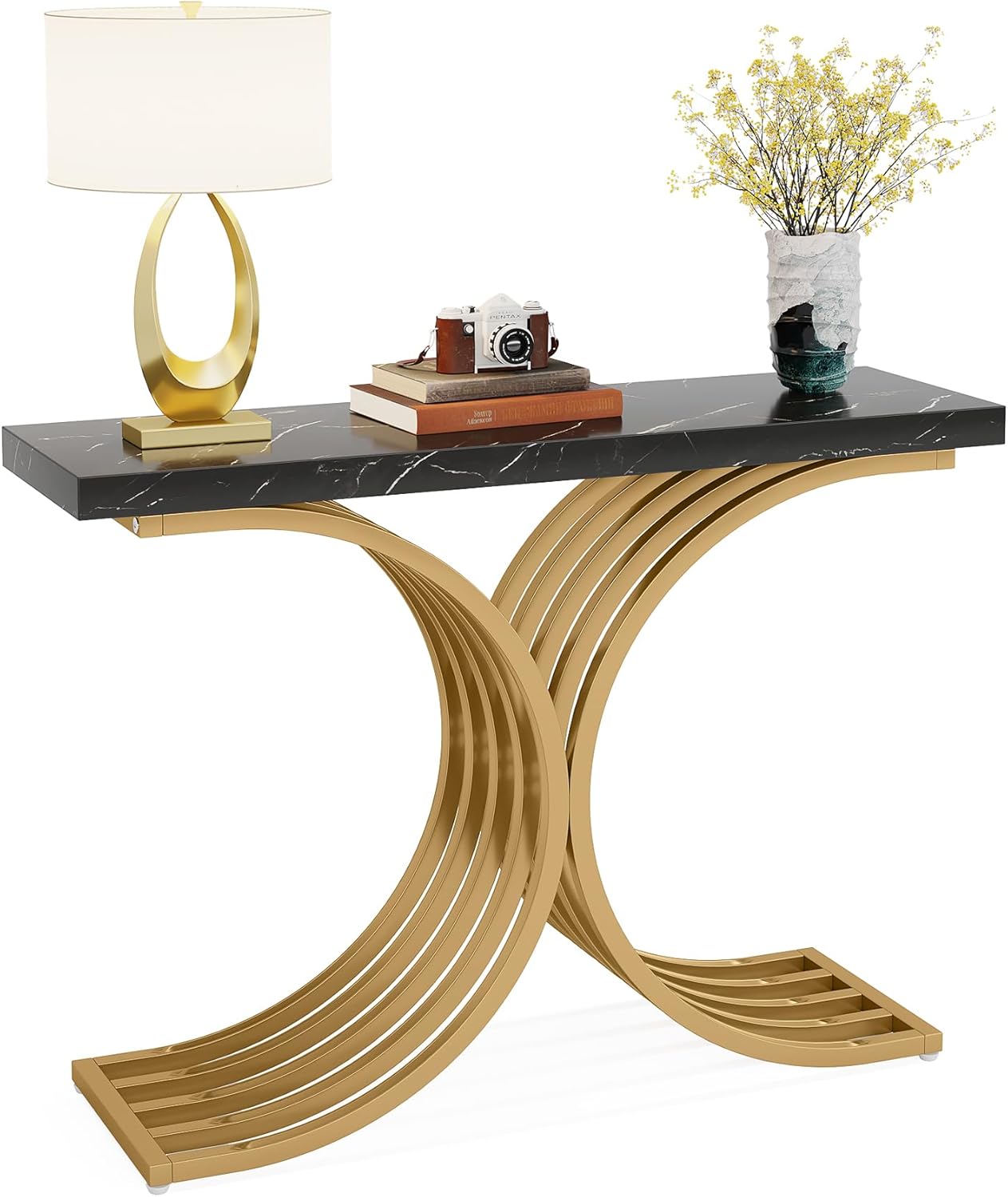 Tribesigns Schmal Konsolentisch, Beistelltisch mit Gold Metallgestell, 100 x 30 x 80 cm Flurtisch, Kleiner Ausstellungstisch, Sofatisch für kleinen Raum, für Eingang, Wohnzimmer (Schwarz)