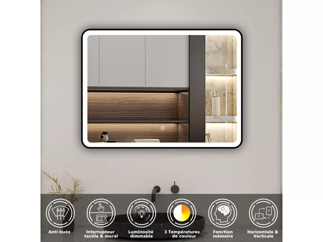 AICA Miroir lumineux 80x60cm 3 couleurs + anti-buée + dimmable + mémoire miroir salle de bain