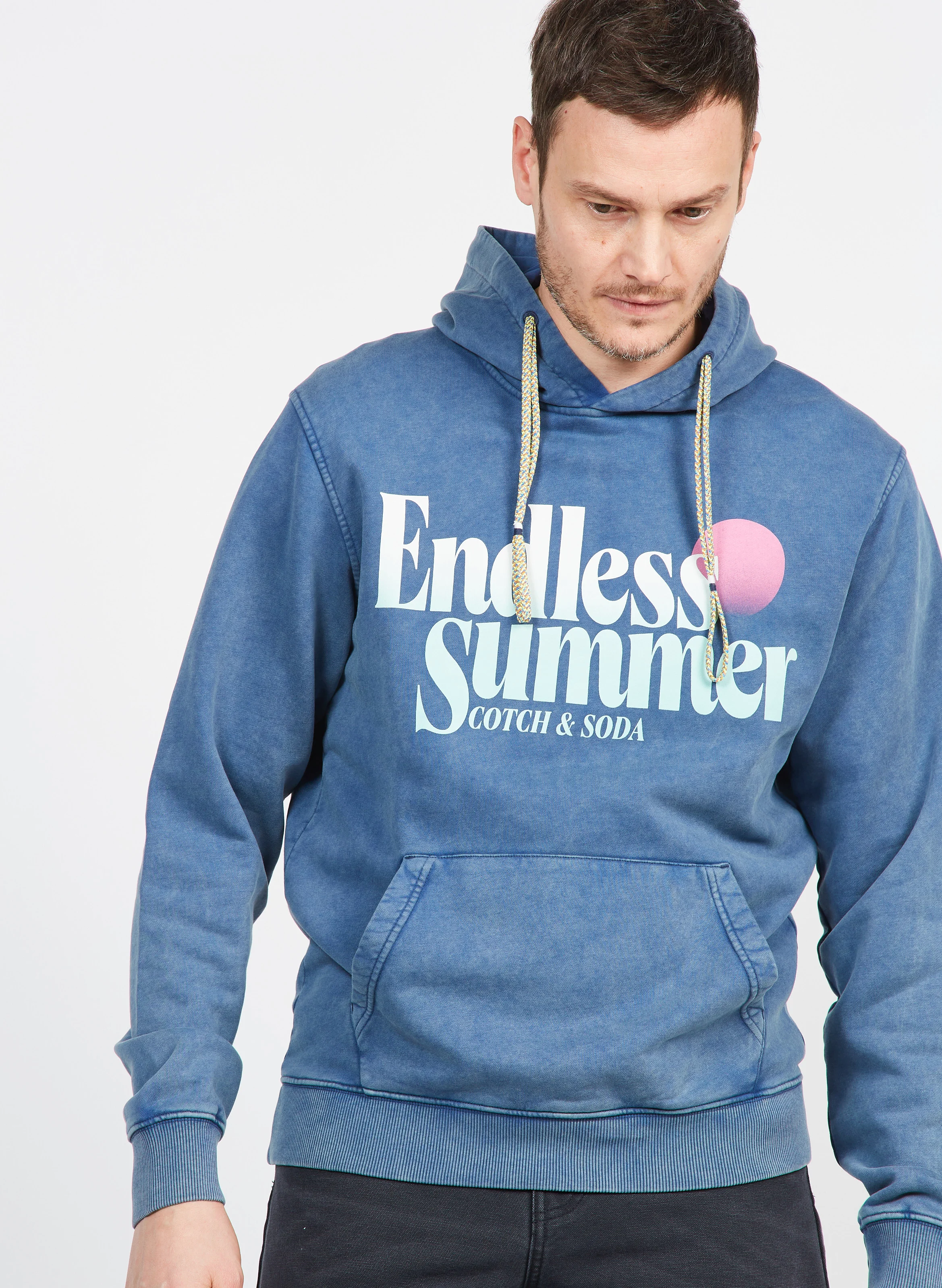 Sweat à capuche regular-fit sérigraphié en coton | Bleu