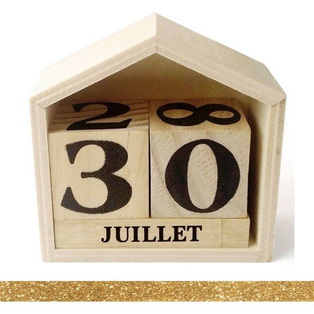 Calendrier perpétuel en bois maisonnette 8 cm + masking tape doré à paillettes 5 m