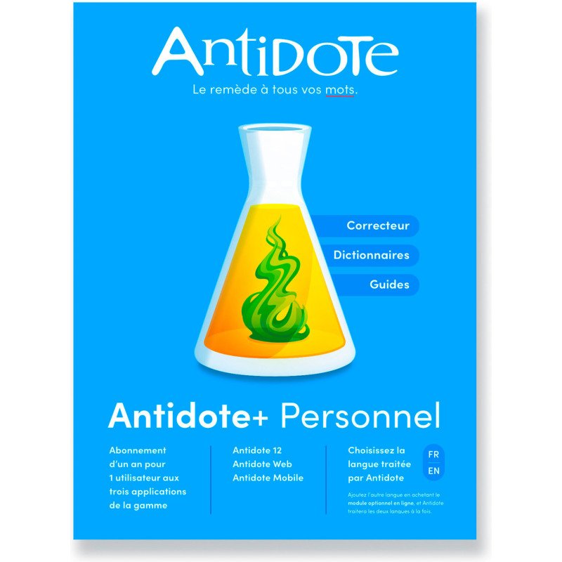 Logiciel Druide Antidote+ Personnel - Antidote 12 + Antidote Web + Antidote Mobile - francais ou anglais - PC ou Mac - 1 an - Correcteur grammatical et dictionnaires