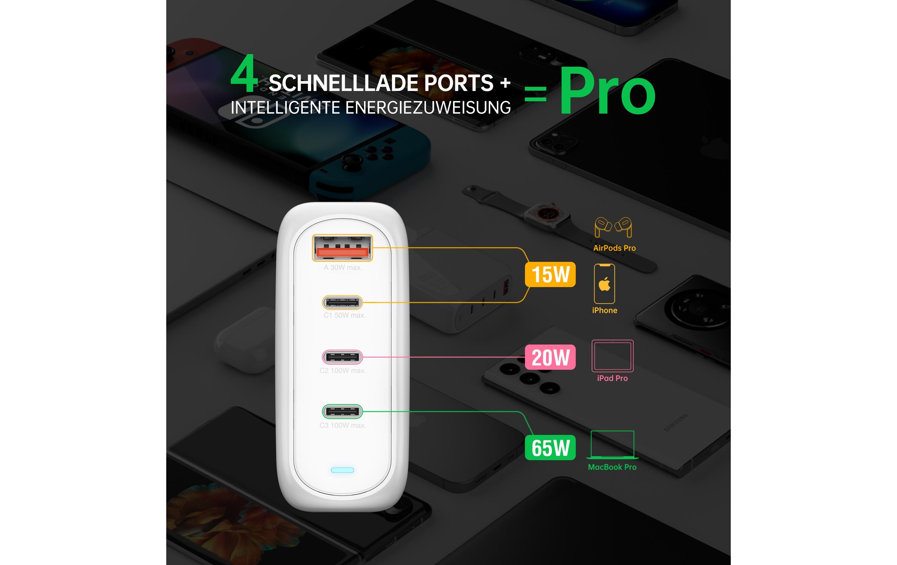 Ladegerät GaN Flex Pro 100W 3 USB-C+1 USB-A Travel EditionLadegerät GaN Flex Pro 100W 3 USB-C+1 USB-A, weiss, Travel Edition, GaN-Technologie