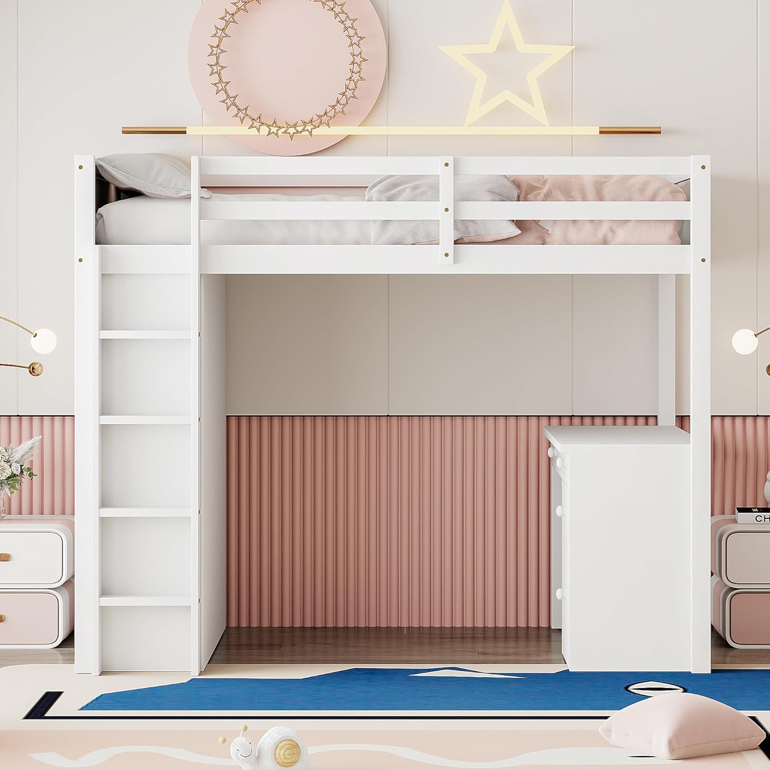 Kinderbett 90x200 cm, Hochbett mit Schreibtisch und Schrank, Tisch mit 4 Stauschublade, Etagenbett, Bettgestell mit Lattenrost, Weiß, ohne Matratze