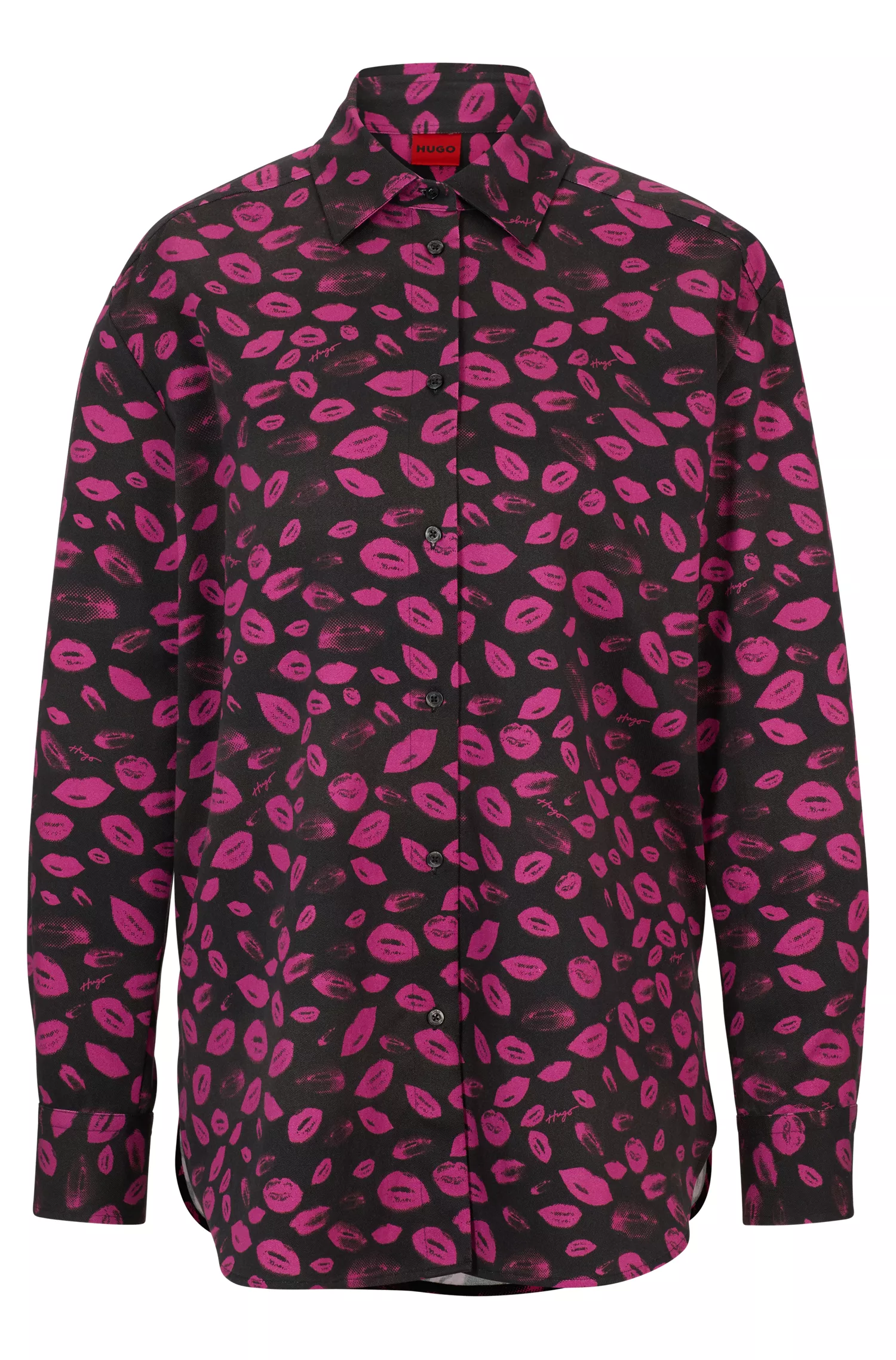 Blusa HUGO vermelha de modelagem ampla com estampa floral miúda de lábios.