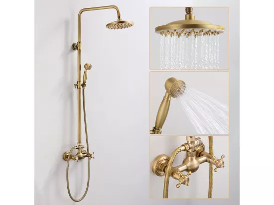 Colonne de Douche Mécanique Ensemble de Douche à Double Poignée Rétro Système de Douche Réglable Kit de Douche en Laiton Antique Finition Bronze