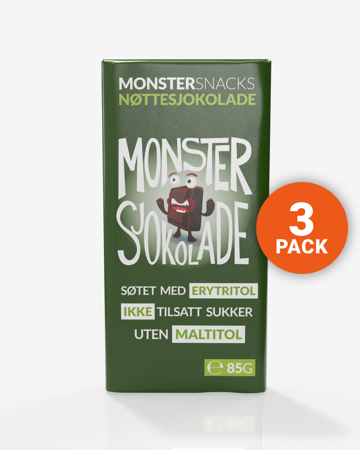Monster Lavkarbo Belgisk Melkesjokolade m\Nøtter – UTEN MALTITOL 3x85g
