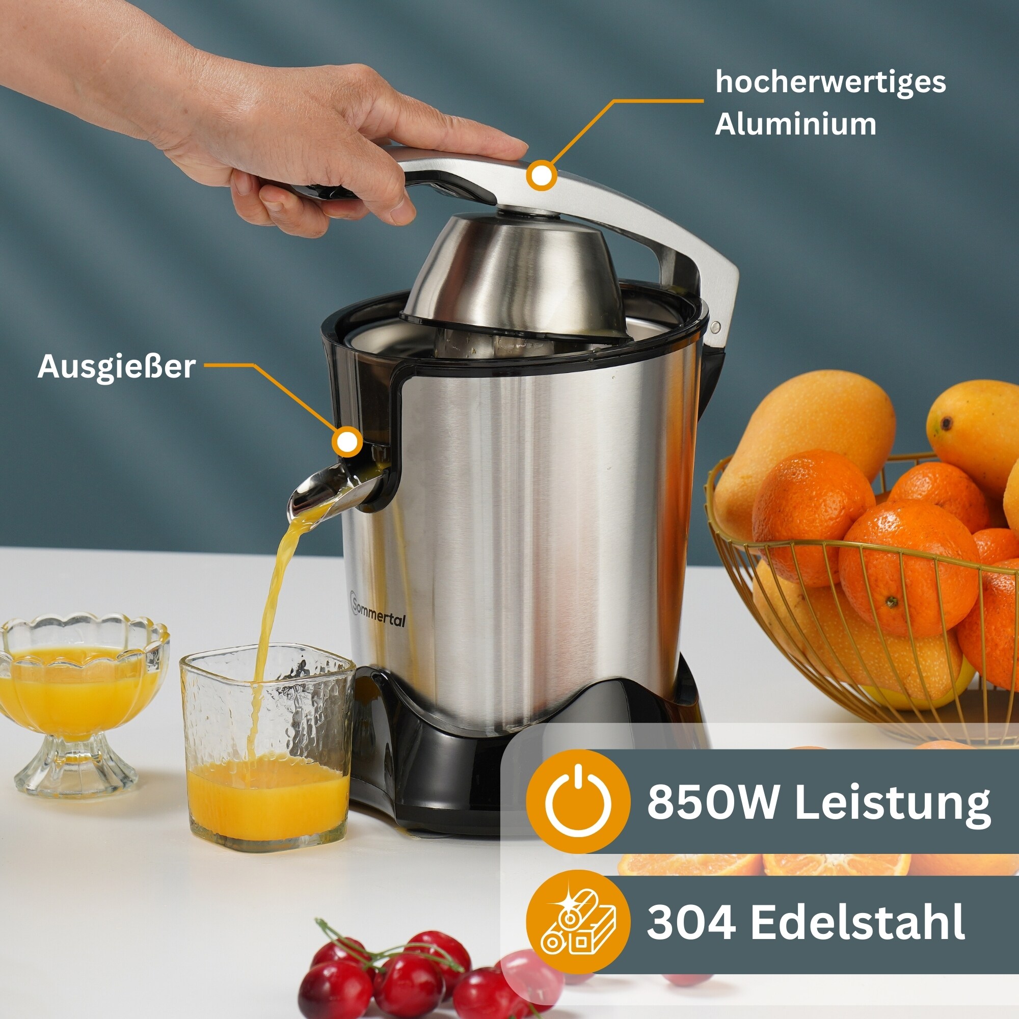 Sommertal Zitruspresse CP850 elektrische Saftpresse inkl. 2 Presskegel, manuelle Handpresse, Orangenpresse Zitronenpresse aus Edelstahl, Juicer Entsafter mit starkem 850W Motor