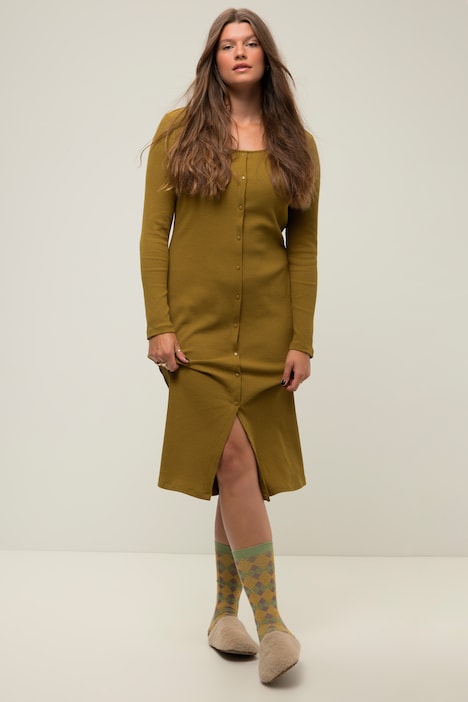 Kleid, Slim Shape, Rippjersey, Carree-Ausschnitt, Fake-Knopfleiste, Langarm