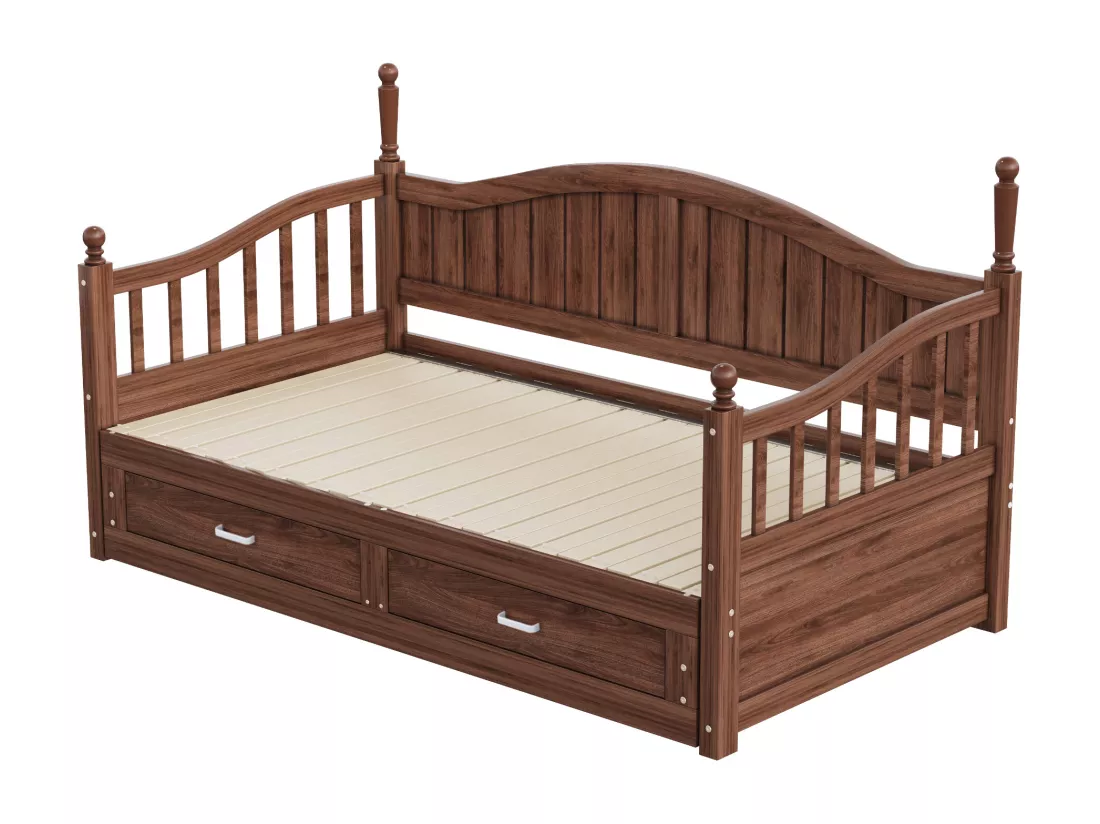 Canapé-lit pliant en bois massif 90/180x200 cm avec colonnes romaines et 2 tiroirs - Marron