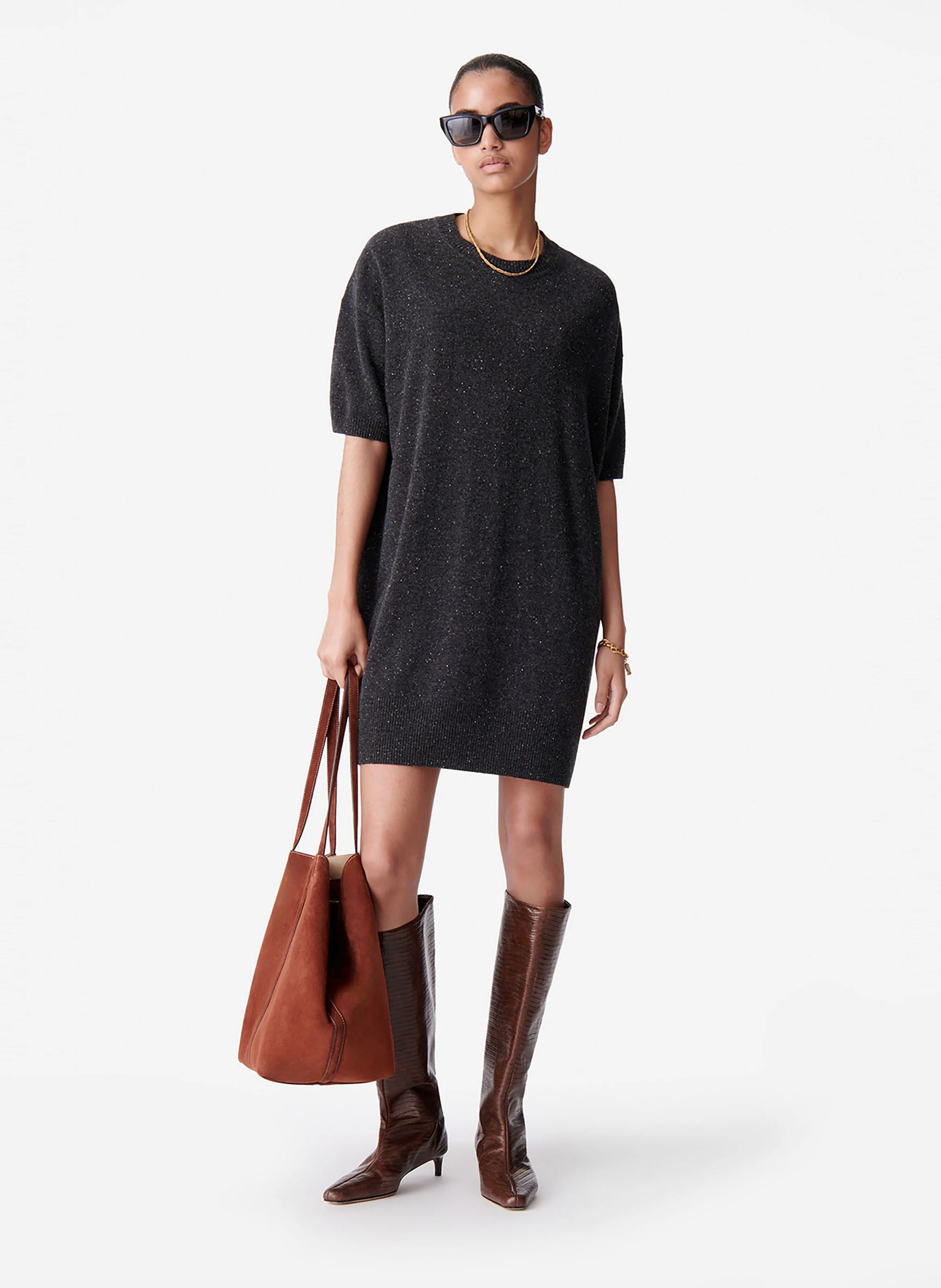 BLEUET - Robe courte col rond en laine mérinos | Noir