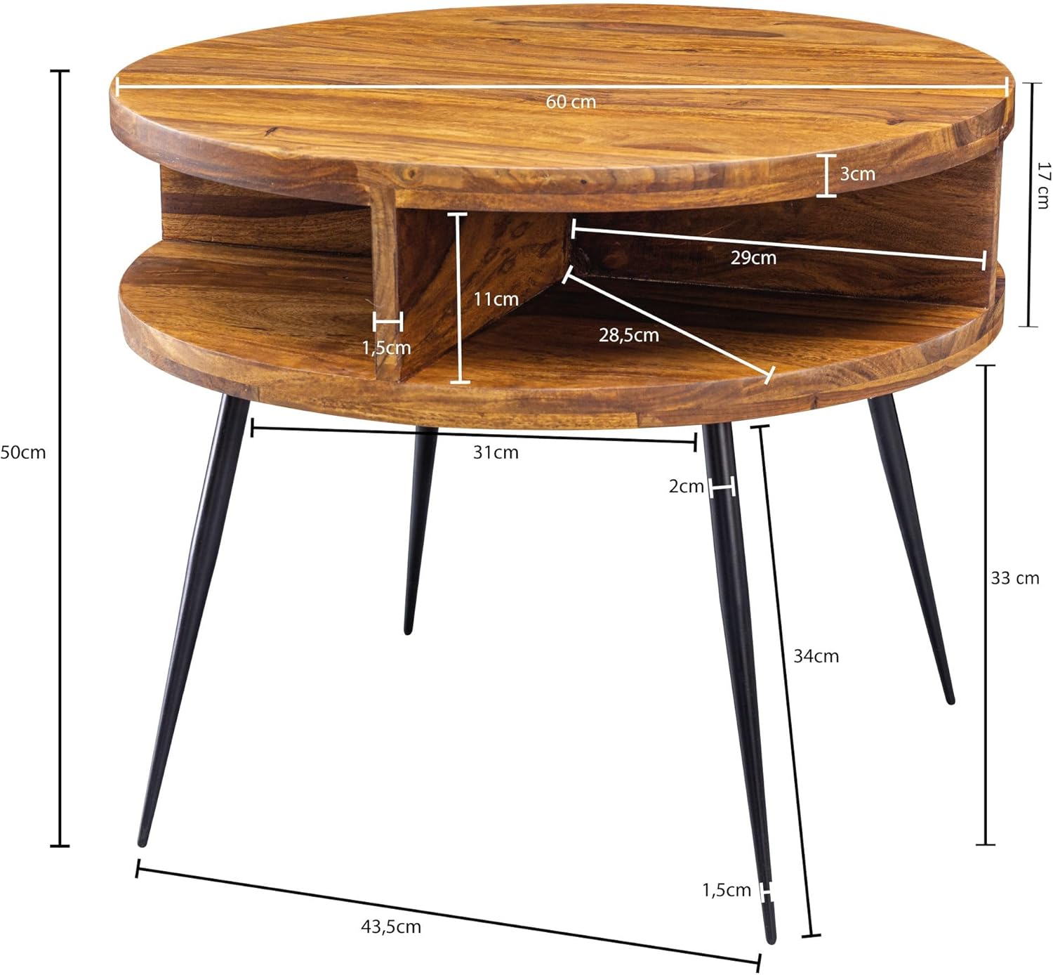 FineBuy Couchtisch Sheesham Massivholz rund Ø 60 cm – Wohnzimmertisch mit offener Ablage & schwarzen Metallbeinen, Design Tisch handgefertigt im modernen Retro Stil Braun
