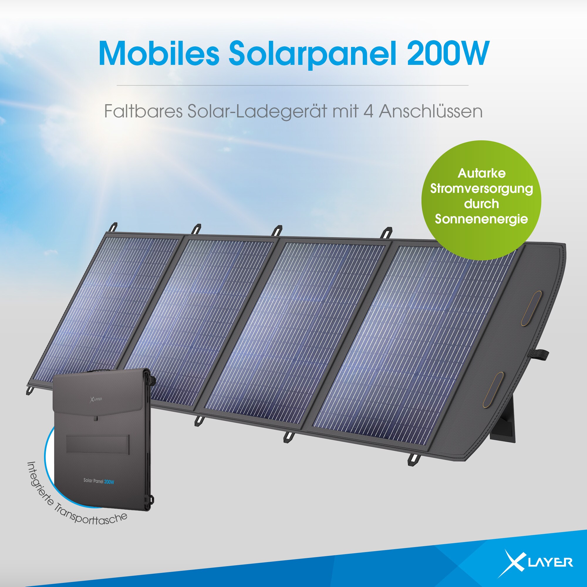 Xlayer CHARGER Solarpanel 200W faltbar tragbar mobile Stromversorgung USB-C Notstrom