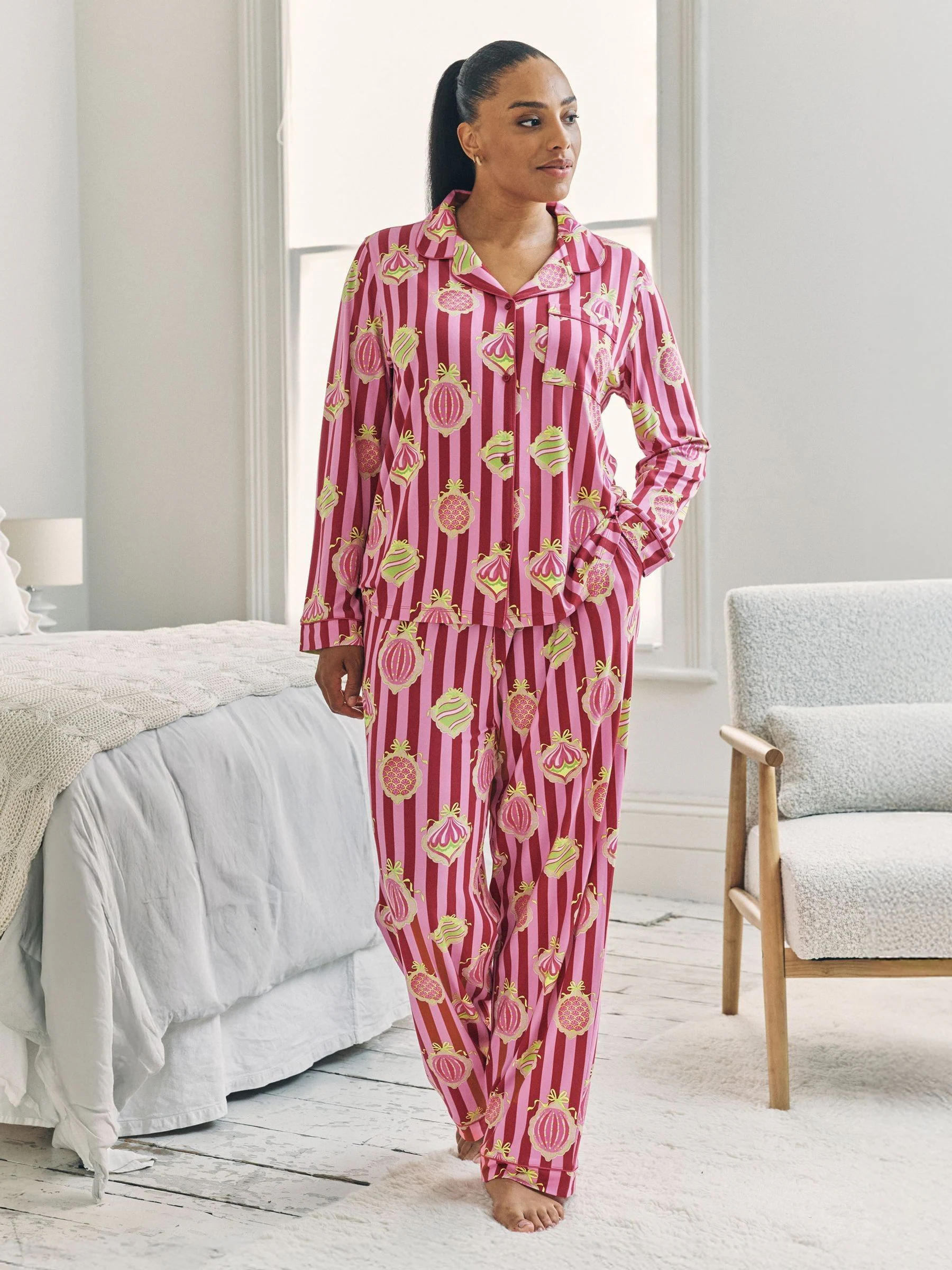 Chelsea Peers Christmas Baubles Stripe Print Long Pyjamas Set
