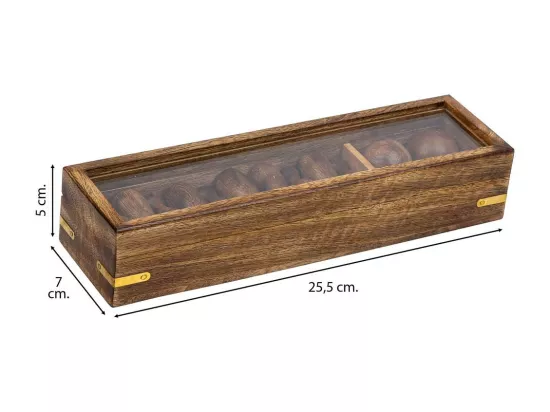 Jeu de quilles (10 pièces + 2 boules) dans une boîte en bois marron 25,5x7x5h
