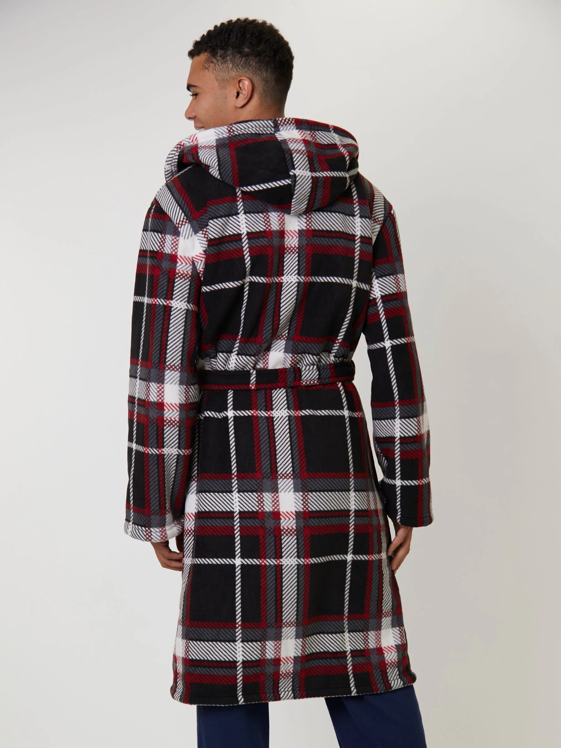 Rood - Loungeable Ruit bonded fleece gevoerde kamerjas met capuchon