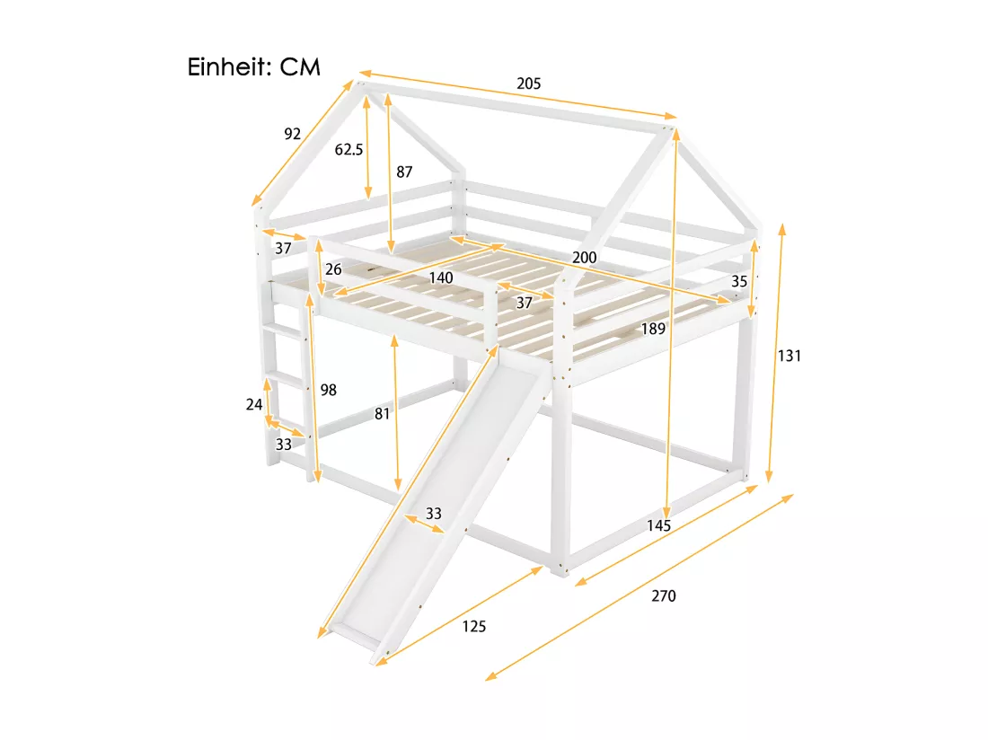Lit superposé cabane avec toboggan et échelle - 140x200cm - cadre en pin massif - Blanc