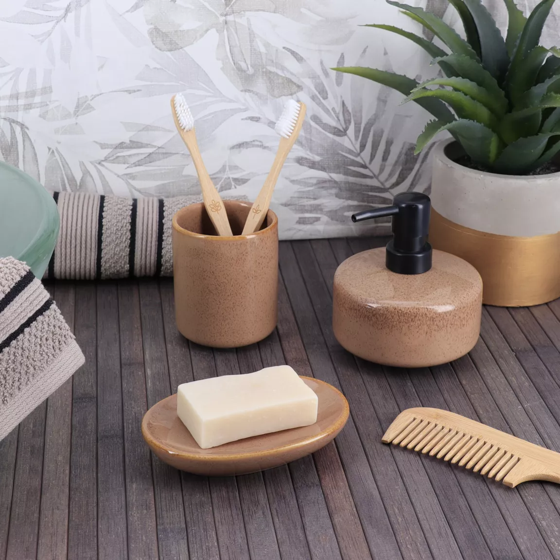 Set d'accessoires salle de bain grès laqué Season color Caramel