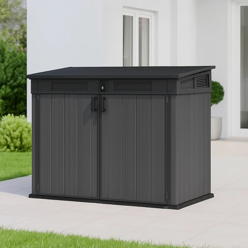 Abri de jardin 190 x 110 x 132 cm gris/noir résine avec plancher et couvercle hydraulique