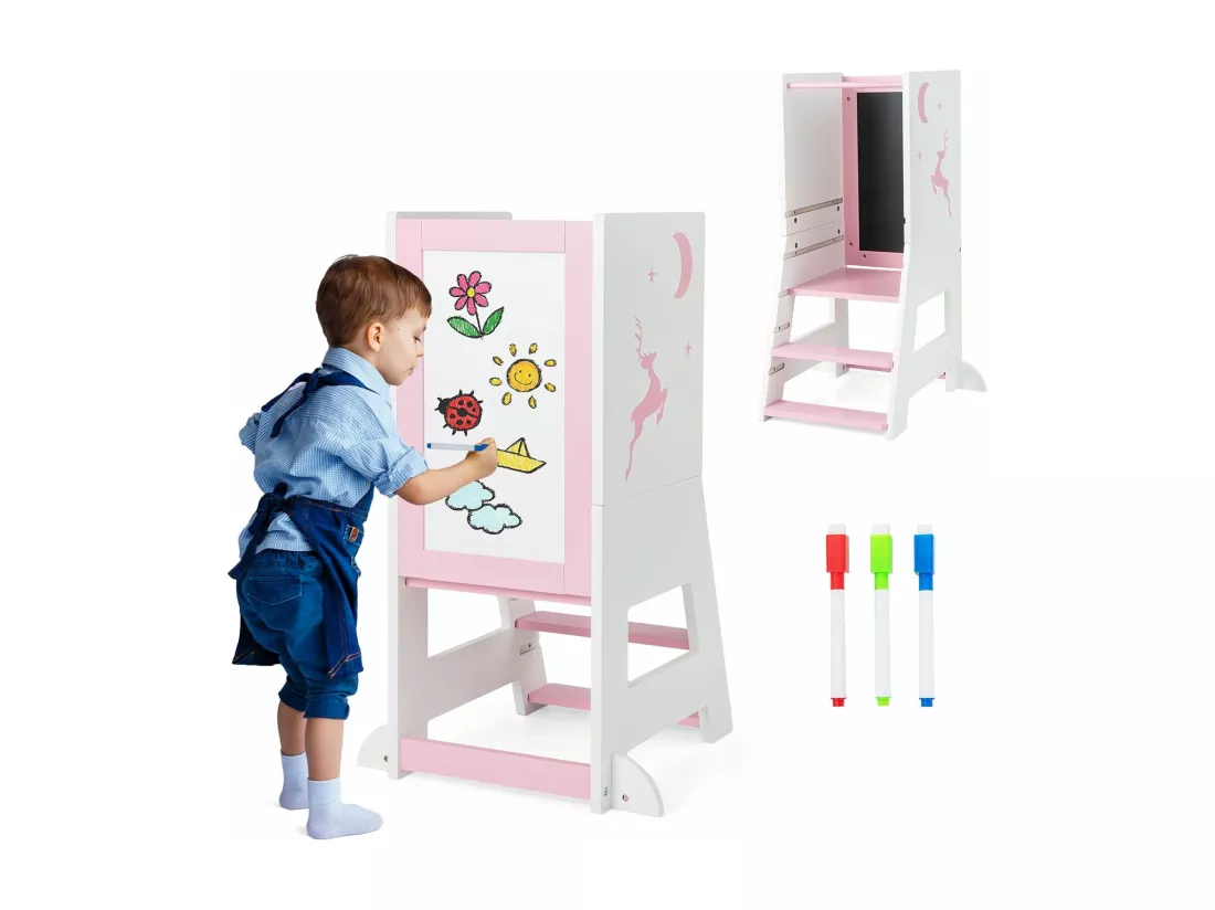 Tour d'apprentissage Enfant avec Hauteur Réglable & Tableau, Tour d'Observation Montessori en Bois avec Rail de Sécurité & Pieds Anti-Bascule, Charge 70kg pour Enfant de 1-7 Ans (Rose)