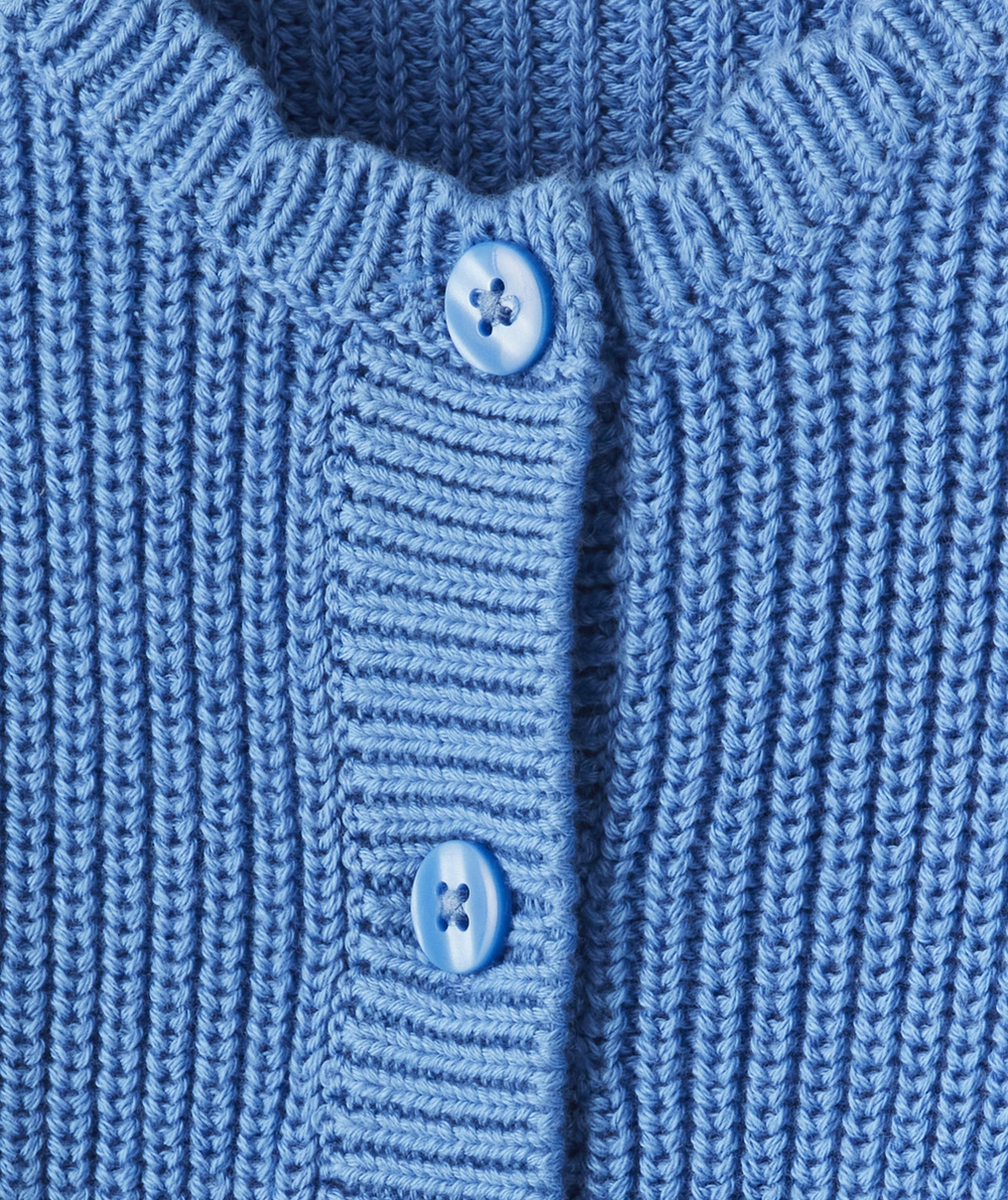 gilet en tricot bébé fille bleu en coton bio avec bords fantaisies