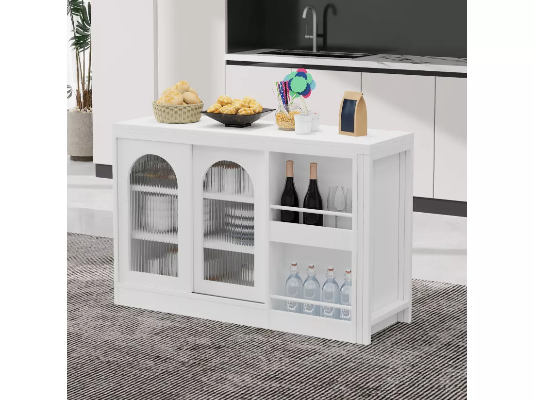 Meuble de bar extensible pivotant, table à manger - 2 portes coulissantes en verre et 2 étagères - Bois MDF - 115 x 40 x 74.5 cm - Blanc