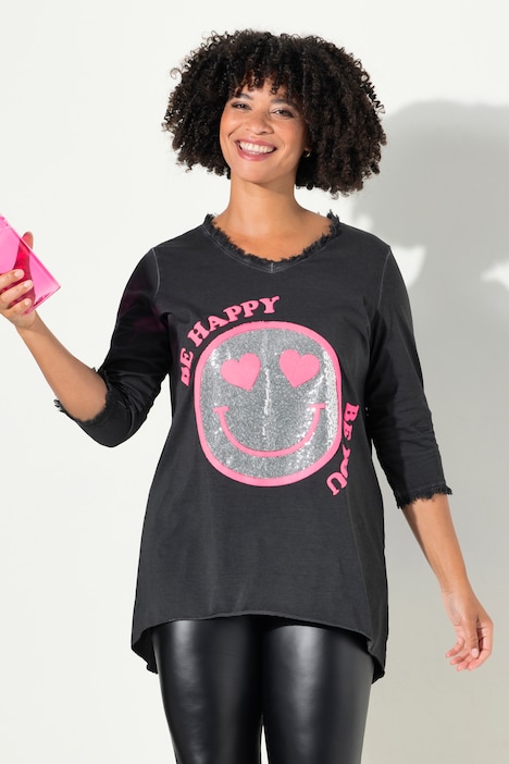 T-Shirt, A-Linie, Pailletten-Smiley, V-Ausschnitt, 3/4-Ärmel