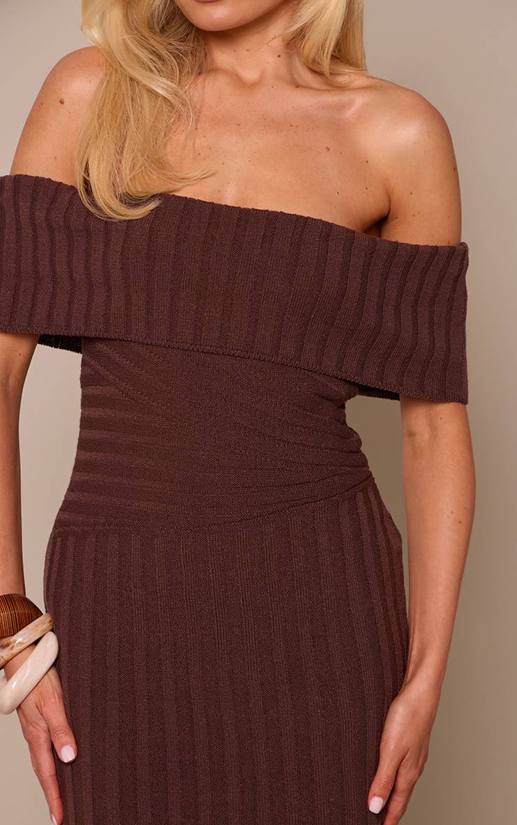 Chocolat Robe Mini Bardot En Maille Côtelée