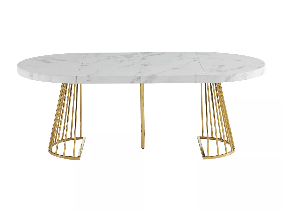 Table à manger extensible 2 à 12 personnes en MDF et acier - Effet marbre blanc et doré - FIRELA