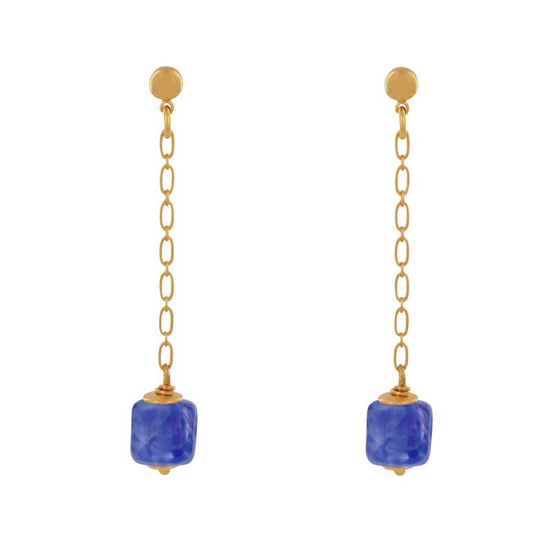 Boucles d'Oreilles Chainette Laiton Doré et Cube en Céramique