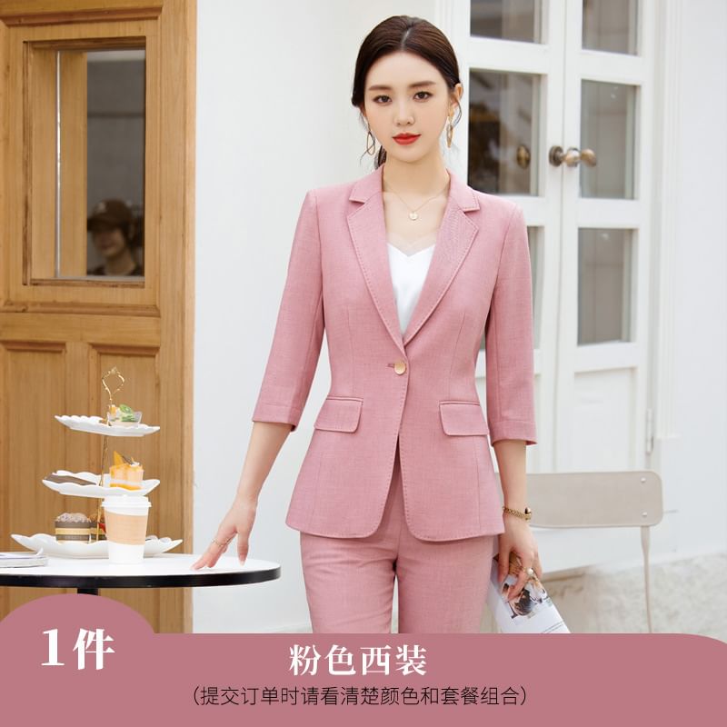 Skyheart - 3/4-mouw effen blazer met één knoop / Hoge taille rechte broek / Set