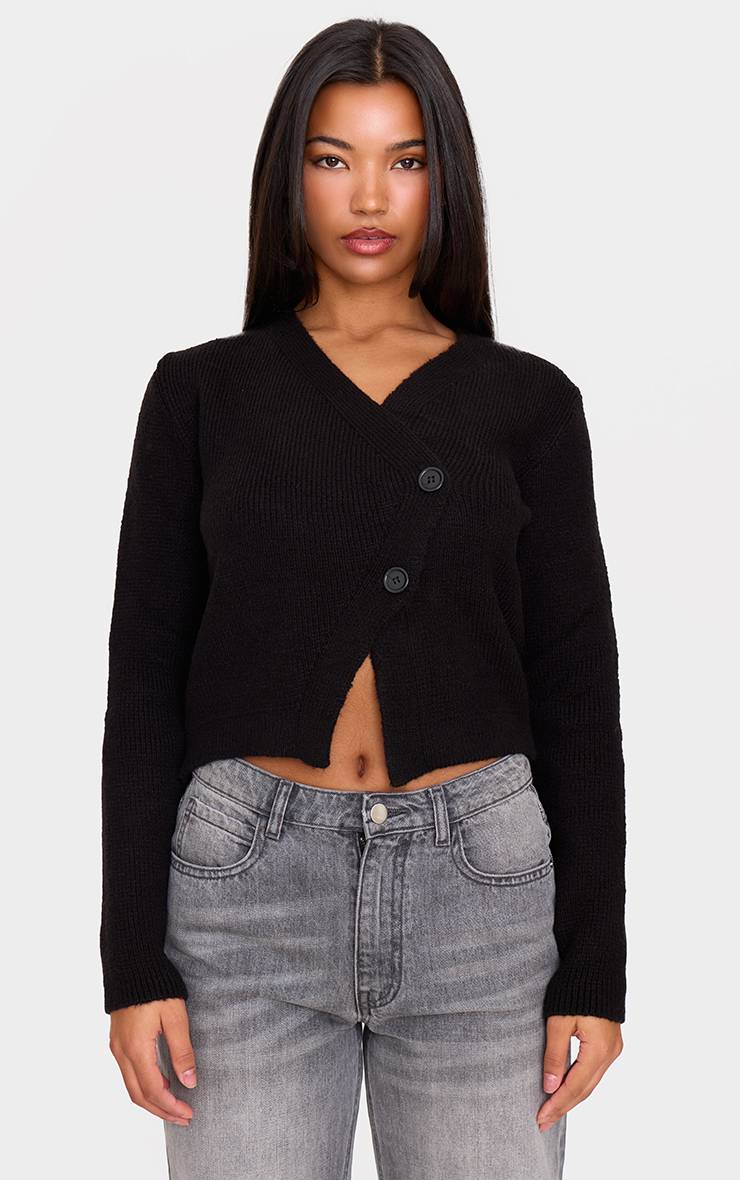 Noir Cardigan Asymétrique Boutonné En Maille