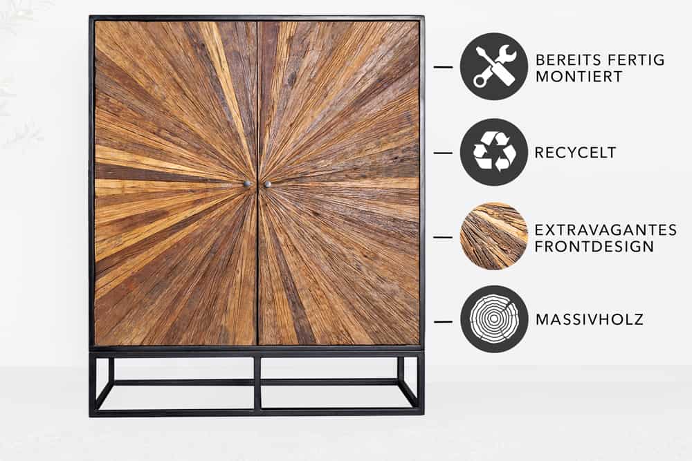 Massives Highboard BARRACUDA 120cm braun Mangoholz mit Teakholz-Front schwarz Metall