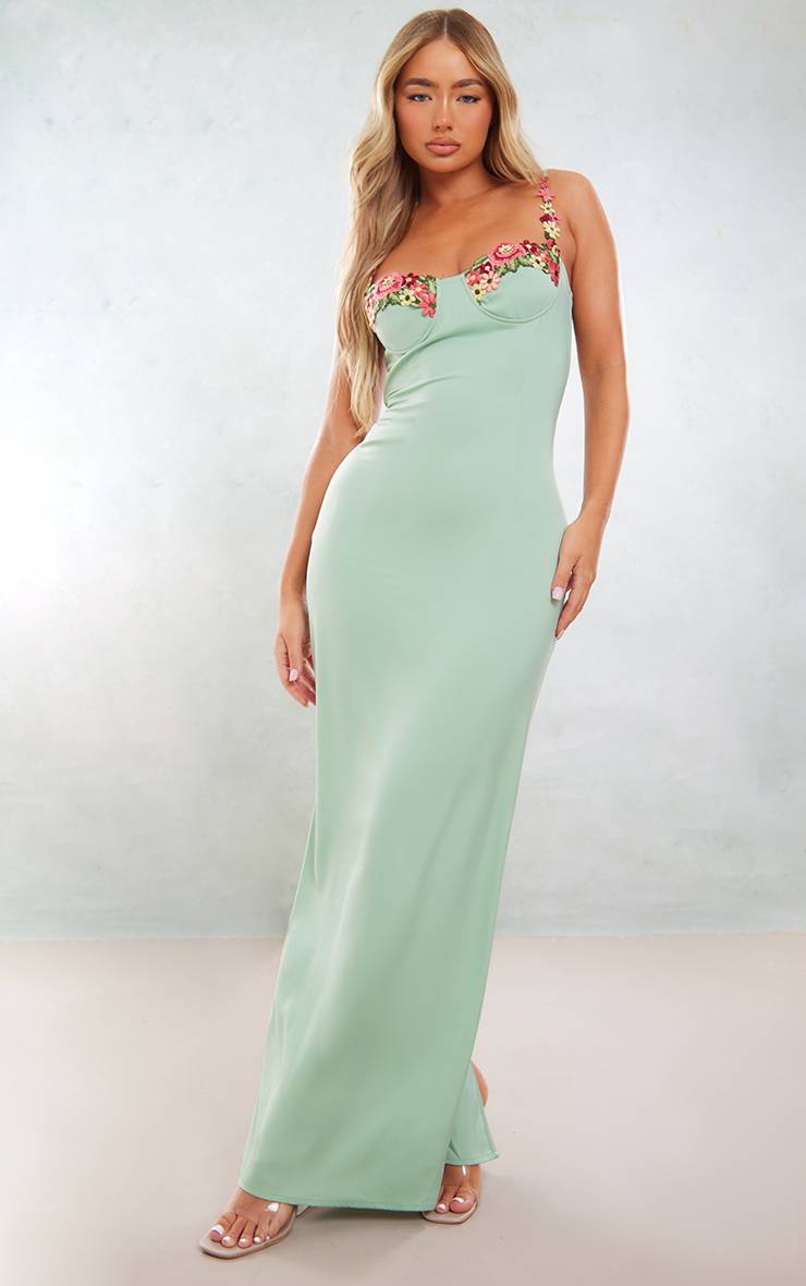 Vert Sauge Robe Longue Satinée À Bretelles Avec Appliqués Floraux Et Armatures