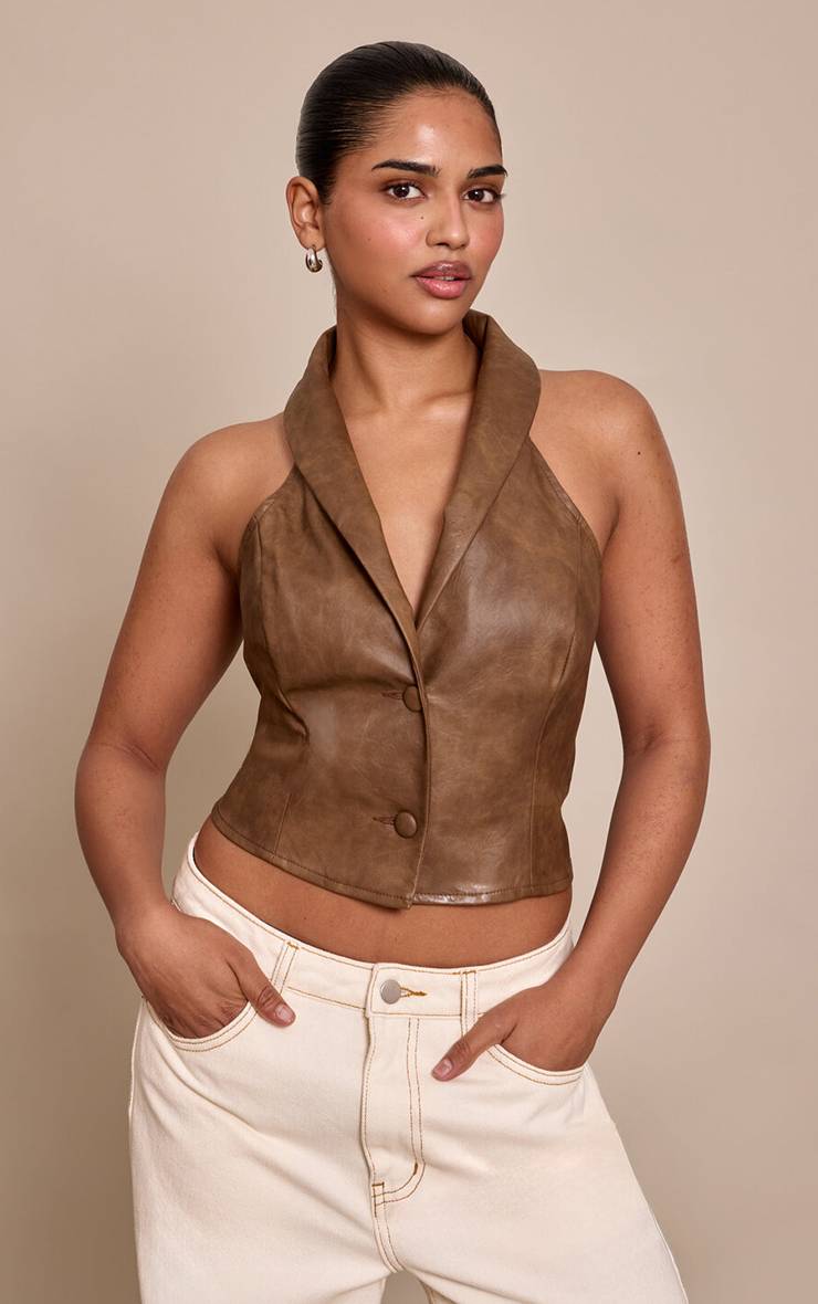 Marron Gilet Sans Manches En Synthétiquecuir Petite